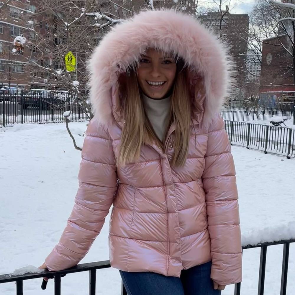 Shiny pink puffer jacket with fur hood
